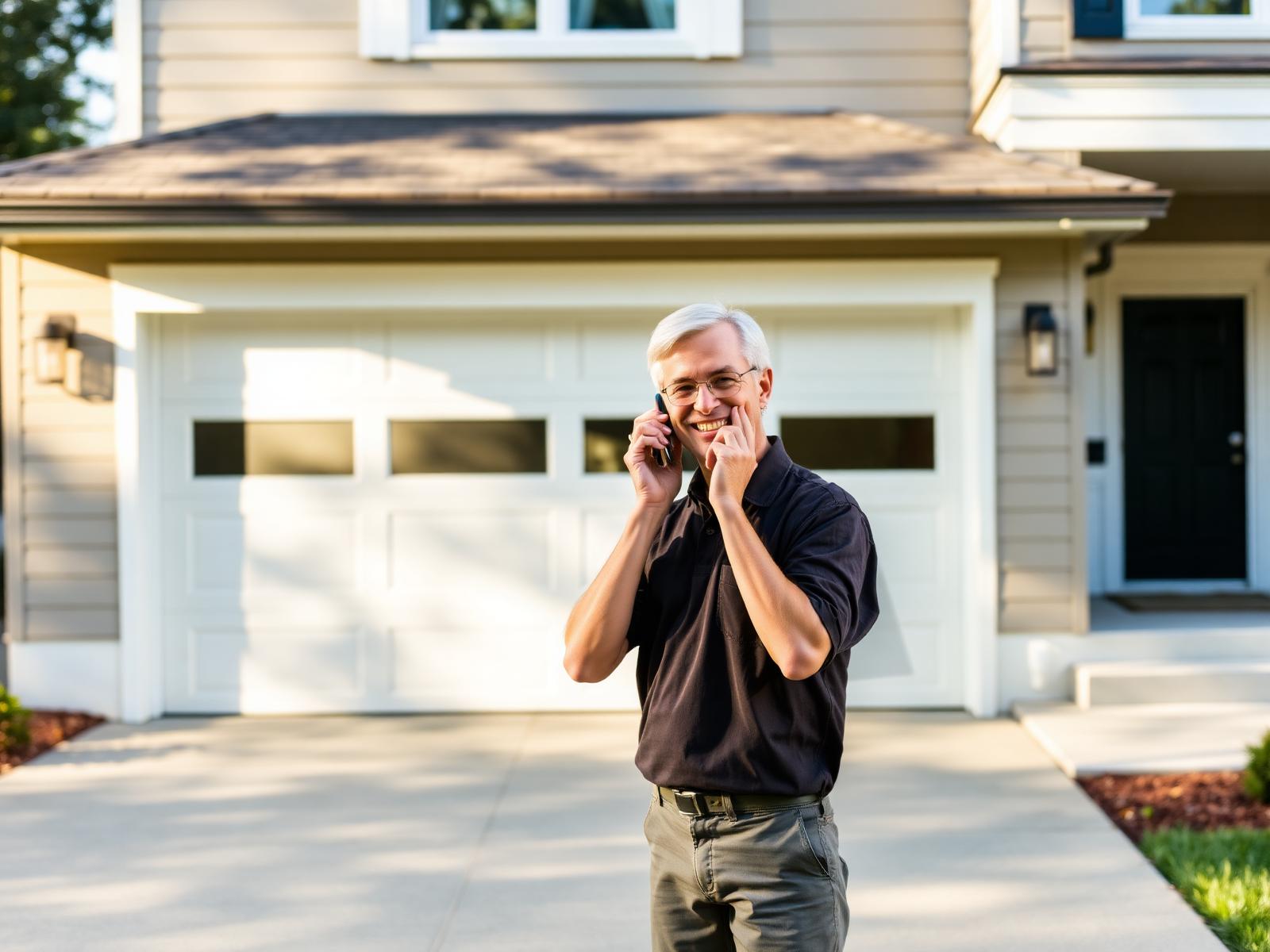 Homeowner speaking on the phone in the driveway of a modern residential home with a sectional garage door