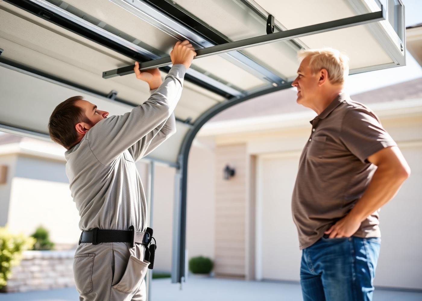 Service professional inspecting a residential garage door while homeowner watches